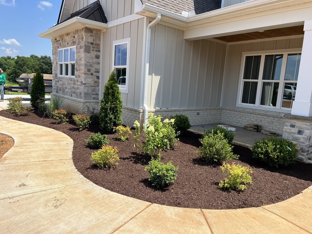 Foundation planting bed at stone entry with curved bed line